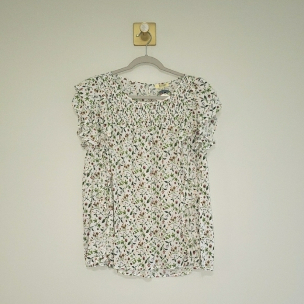 Kori NWT Women Floral Blouse Top Cream Green Ruffled Sleeveless Cottage Coquette
